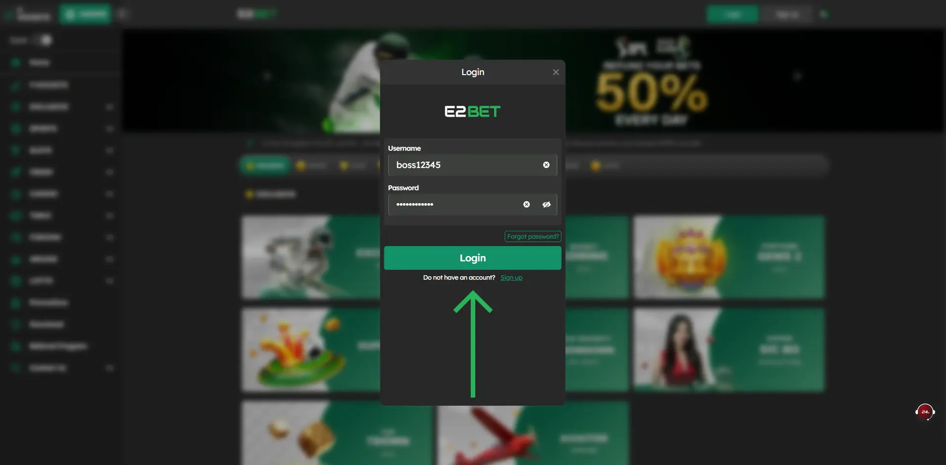 E2Bet Login Button in Desktop