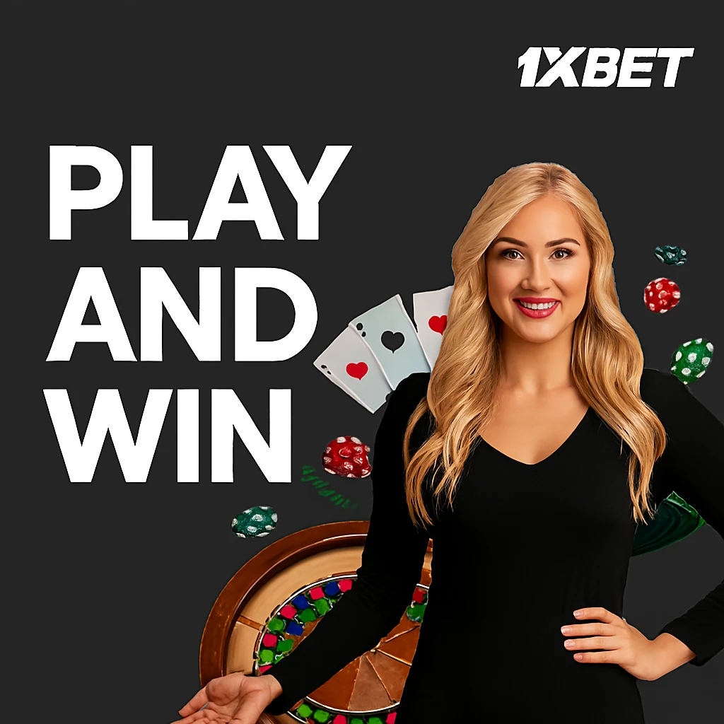 "Promotional graphic for 1xBet featuring a smiling blonde woman in a black dress, standing beside casino elements like roulette, playing cards, dice, and chips. Bold white text reads 'PLAY AND WIN' on a dark background."